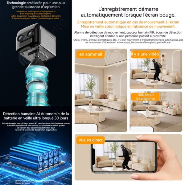 INN Mini övervakningskamera med dubbla objektiv, trådlös 2k 4g wifi, 6x zoom, tvåvägs ljud, mörkerseende med magnetbas