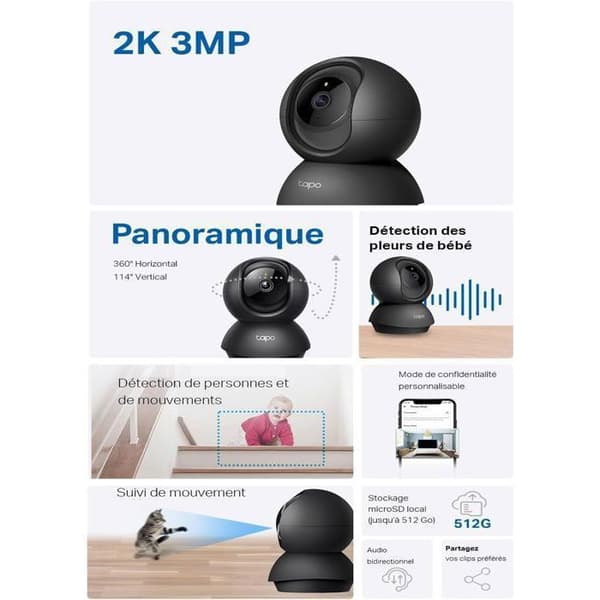 WiFi inomhus övervakningskamera 2K(3MP) 360° - TP-Link Tapo C211 - Nattvision - Persondetektering - Rörelsesökning