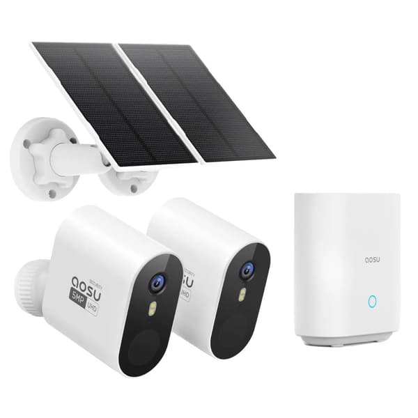 AOSU 5MP Trådløst Solkamera System, Dobbeltkameraer, 166° Synsfelt,HVID