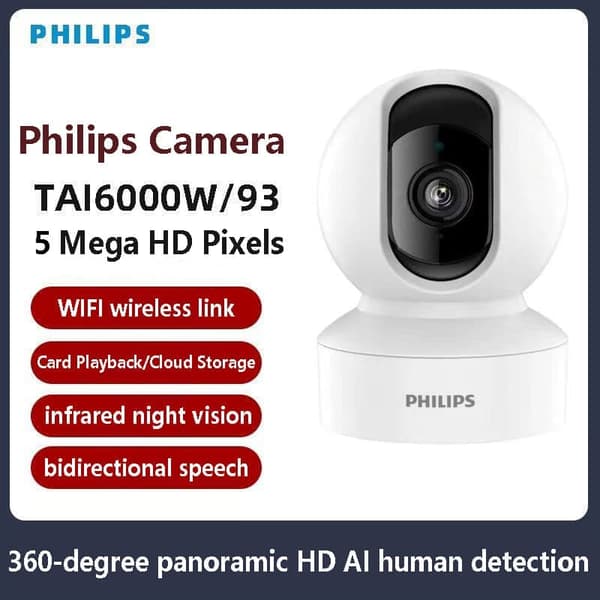 Philips TAI6000W/93 5 megapixel smart WiFi-sikkerhedskamera - 360°, nattesyn, 2-vejs opkald - hukommelseskort medfølger ikke