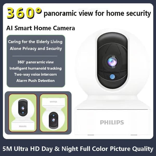 Philips TAI6000W/93 5 megapixel smart WiFi-sikkerhedskamera - 360°, nattesyn, 2-vejs opkald - hukommelseskort medfølger ikke
