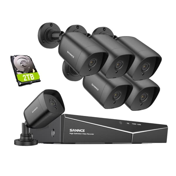 SANNCE 5MP Sikkerhedskamera System, Nattesyn op til 100ft, IP66 Vandtæt Rating,6PCS 2TB
