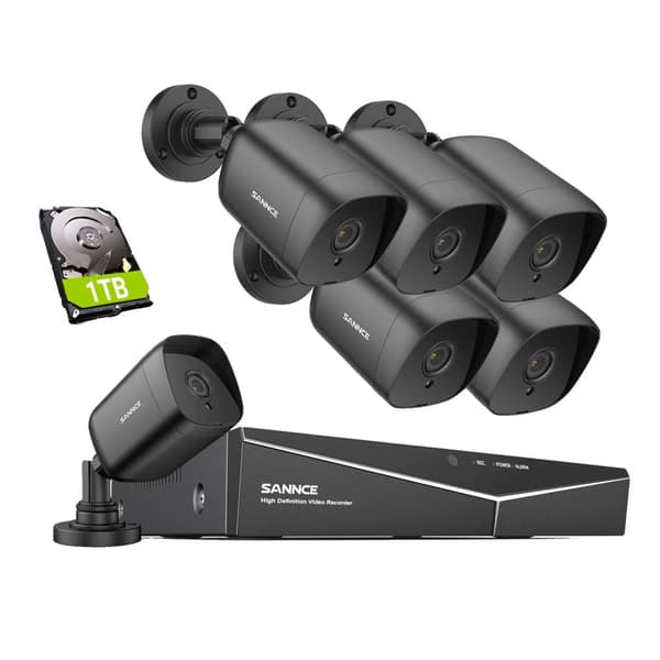 SANNCE 5MP Sikkerhedskamera System, Nattesyn op til 100ft, IP66 Vandtæt Rating,6PCS 1TB