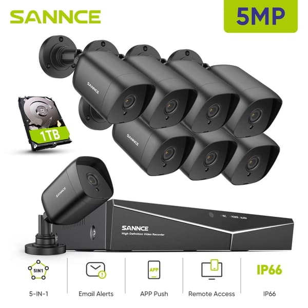 SANNCE 5MP Turvakamerajärjestelmä, Yönäkö jopa 30 metriin, IP66 Vesitiivis Luokitus,8KPL 1TB