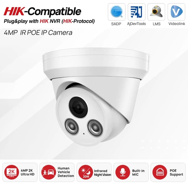 4MP POE IP-kamera, Nattseende upp till 30M, Vattentålig IP67,4MP IR
