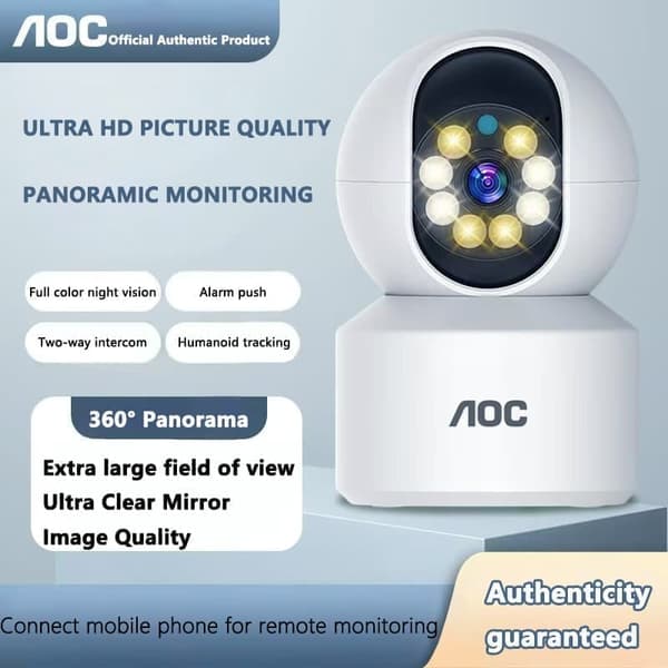 AOC Monokulaarinen turvakamera – 360° kierto, ihmisen liikkeentunnistus, 2-suuntainen ääni, 1080P/4MP, Night Vision, TF/Cloud Storage, WiFi/4G