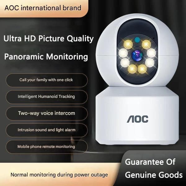 AOC Monokulaarinen turvakamera – 360° kierto, ihmisen liikkeentunnistus, 2-suuntainen ääni, 1080P/4MP, Night Vision, TF/Cloud Storage, WiFi/4G