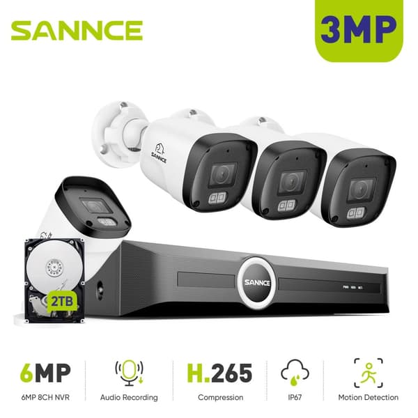 SANNCE Kotivalvontajärjestelmä, 3MP IR-kamerat, jopa 30 metriä yönäköä,2TB