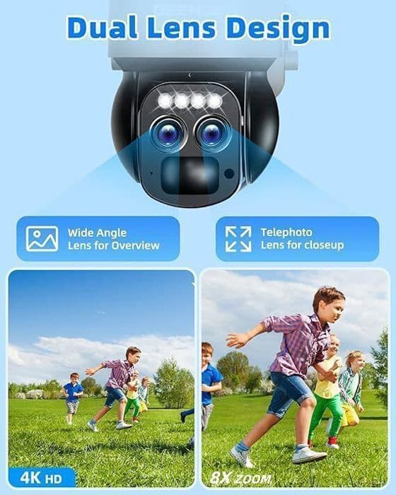 4K 8MP Övervakningskamera WiFi Utomhus med Dubbellins, Hybrida Zoom 8X, 360° PTZ Inomhuskamera, med Solpanel
