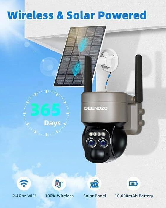 4K 8MP Övervakningskamera WiFi Utomhus med Dubbellins, Hybrida Zoom 8X, 360° PTZ Inomhuskamera, med Solpanel