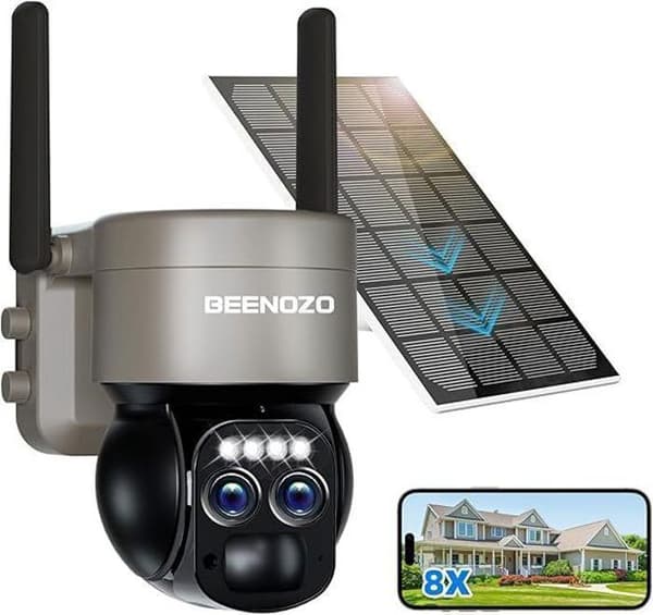 4K 8MP Övervakningskamera WiFi Utomhus med Dubbellins, Hybrida Zoom 8X, 360° PTZ Inomhuskamera, med Solpanel