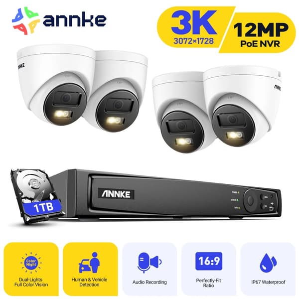Säkerhetskamerasystem, 12MP upplösning, HDMI-utgång upp till 4K,4st 1TB