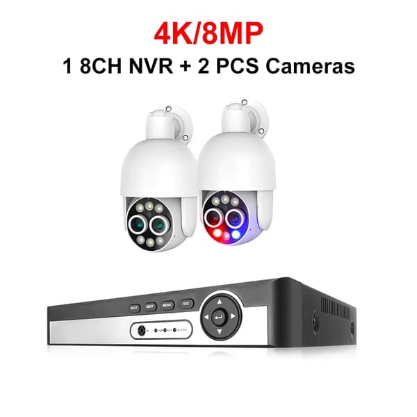 8CH Sikkerhedskamera System, Dobbelt Linse, AI Menneske Detektion,3T Indbygget HDD, 8CH NVR 2stk Kameraer