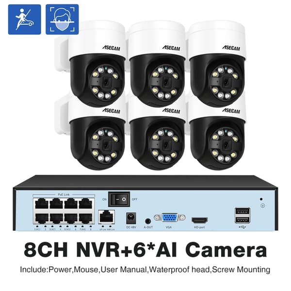 Sikkerhedskamera system, 8MP opløsning, ansigtsgenkendelsesteknologi,Ingen, 8CH NVR 6 AI Kamera