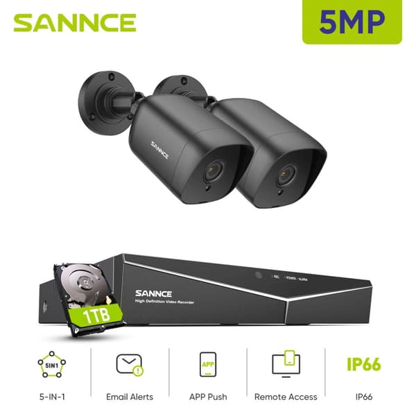 SANNCE 5MP Säkerhetskamerasystem, Nattseende upp till 30 meter, IP66 Vattentålig klassning,2ST 1TB