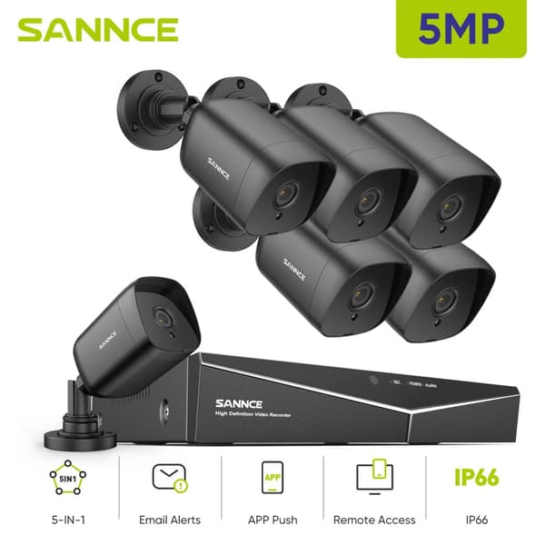 SANNCE 5MP Säkerhetskamerasystem, Nattseende upp till 30 meter, IP66 Vattentålig klassning,6ST 0TB
