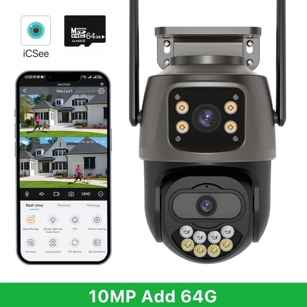 Kolme linssin turvakamera, 15 MP resoluutio, älykkäät hälytysominaisuudet,EU-plugi, 10MP Lisää 64G-a