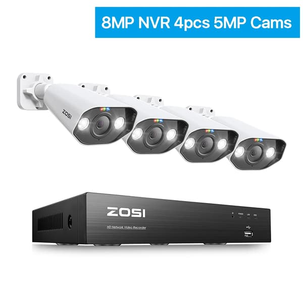 ZOSI POE -turvakamerajärjestelmä, 8MP Ultra HD -tarkkuus, edistynyt yökuvaus,8MP NVR 4kpl 5MP Kamera, 2T