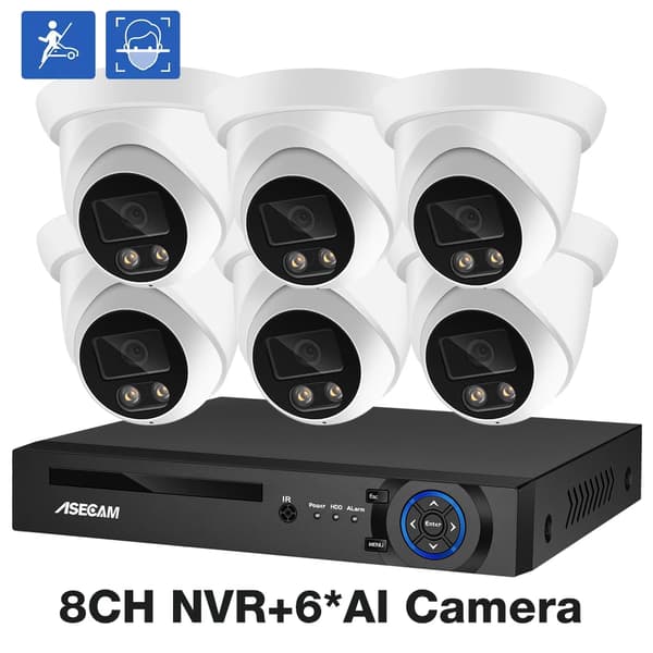 8MP Säkerhetskamerasystem, AI-rörelsedetektering, IP66-vattentät, fjärråtkomst,Ingen, 8CH NVR 6 AI Kamera