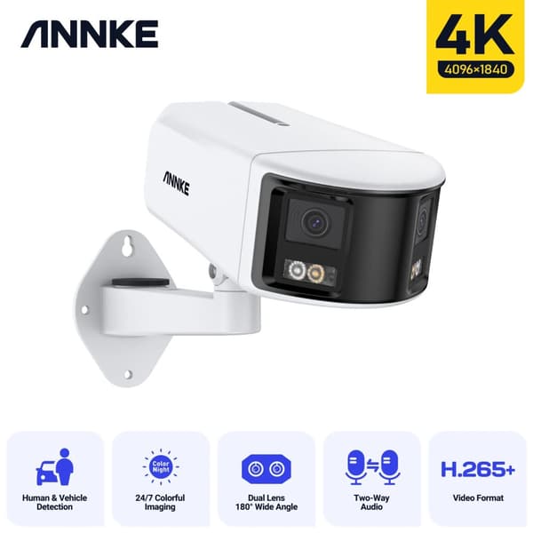 Dubbelobjektiv 6MP PoE-säkerhetskamera, 180° vy, nattsyn, AI-rörelsedetektering,8MP I91DW