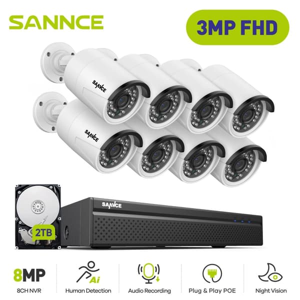 SANNCE Turvakamerajärjestelmä, 8-kanavainen NVR, 3MP HD-resoluutio,2TB