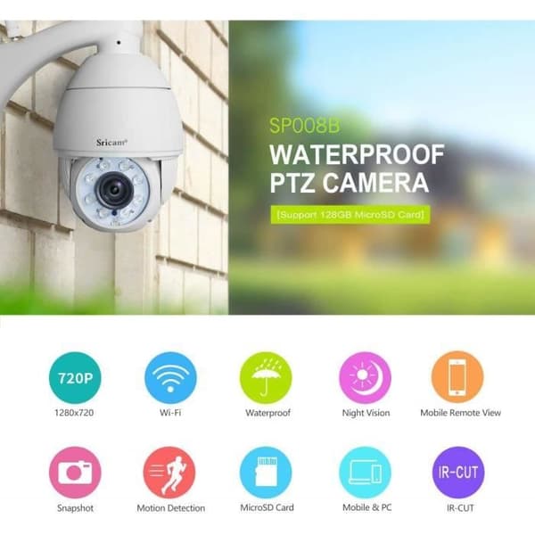 Säkerhetskamera - Sricam - IP66 vattentät kupol - Night vision - Rörelsedetektering - Fjärrkontroll