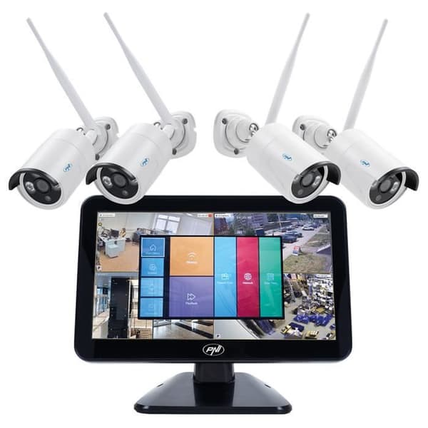 PNI House WiFi 650 Videoövervakningskit - 4 Full HD WiFi P2P-övervakningskameror och 12-tums LCD-skärm