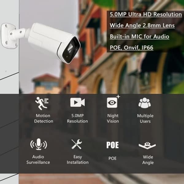 WiTi IP-kamera PoE 5MP med ljudmikrofon, vidvinkellins 2,8 mm, IP66