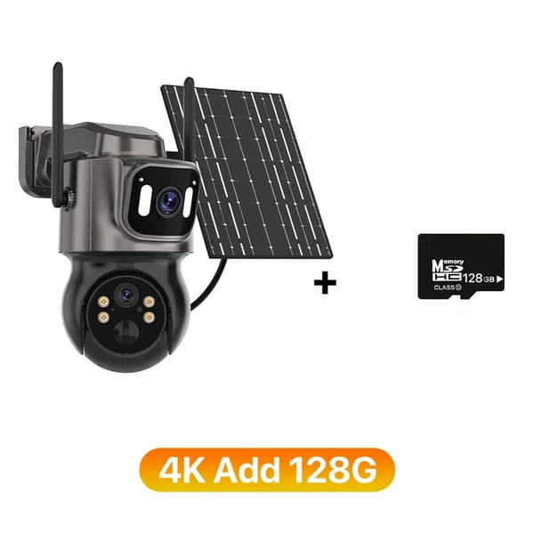 Udendørs Solar 4K IP Kamera, Dobbeltlinse Design, Farve Nattesyn,4K Tilføj 128 g