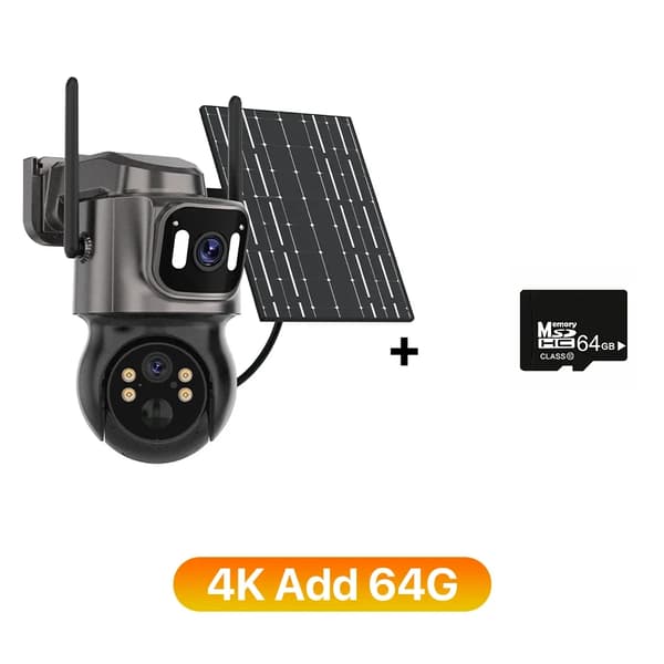 Utomhus Solar 4K IP-kamera, Dubbelobjektivdesign, Färg-nattseende,4K Lägg till 64G