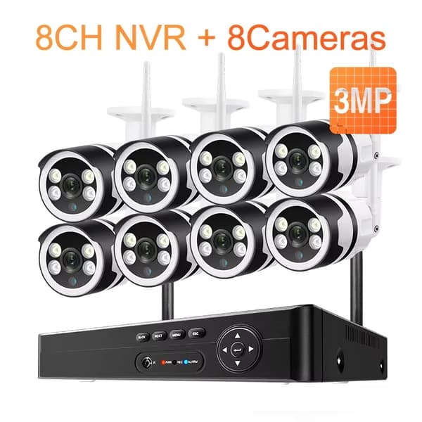 WiFi Sikkerhedskamera System, 8CH NVR, 3MP/5MP Muligheder,1T Indbygget HD, 8CH 8Kamera 3MP