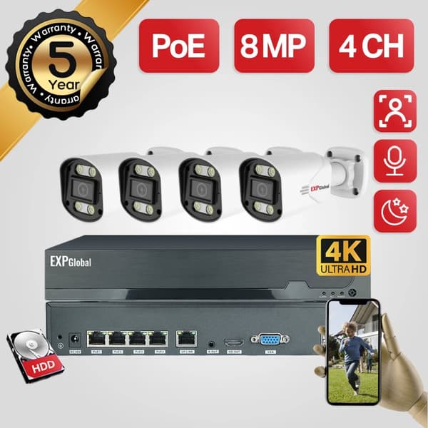 Sikkerhedskamerasystem, 5MP/8MP opløsning, smart farve natvision,3T（udendørs sport）, 1x4CH 4x8MP Kamera