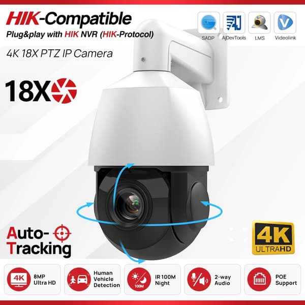 HIK Kompatibel PTZ IP Kamera, 8MP Opløsning, 18X Optisk Zoom,8MP 18X PTZ