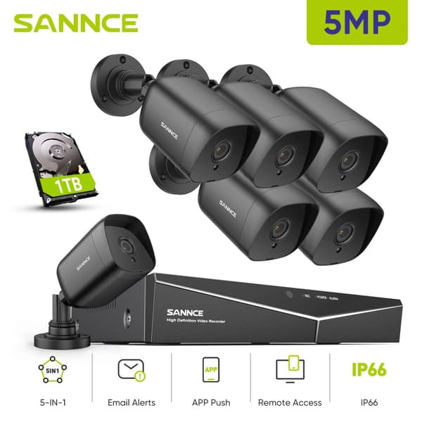 SANNCE 5MP Turvakamerajärjestelmä, Yönäkö jopa 30 metriin, IP66 Vesitiivis Luokitus,6KPL 1TB