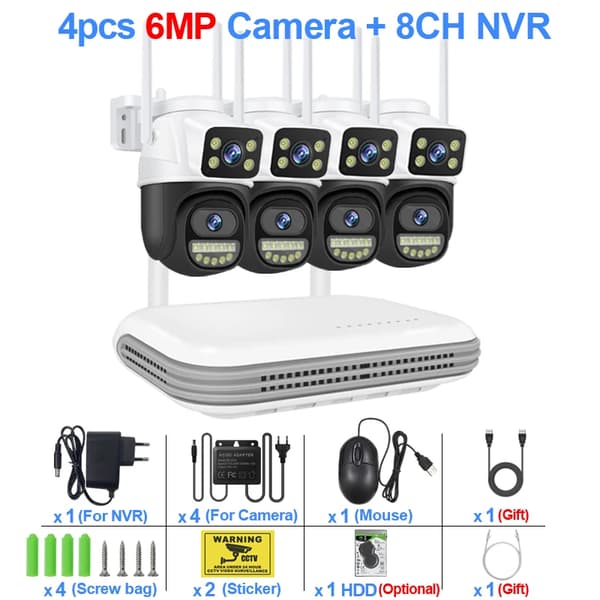 Trådløst sikkerhedskamerasystem, 6MP dual linse, tovejskommunikation,Ingen, 8CH NVR og 4 CamB