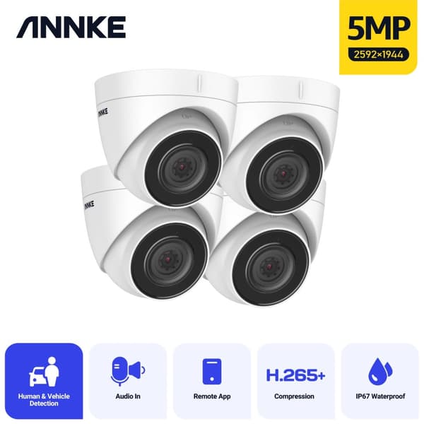 IP-overvågningskamera kit, 5MP opløsning, IP67 vejrbestandig,4T, 4 Stk Kamera