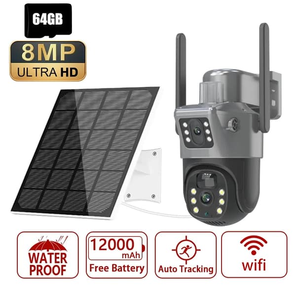 Solcellsdriven utomhus-WiFi-kamera, 8MP upplösning, nattseende upp till 30 m,WIFI Lägg till 64G Kort