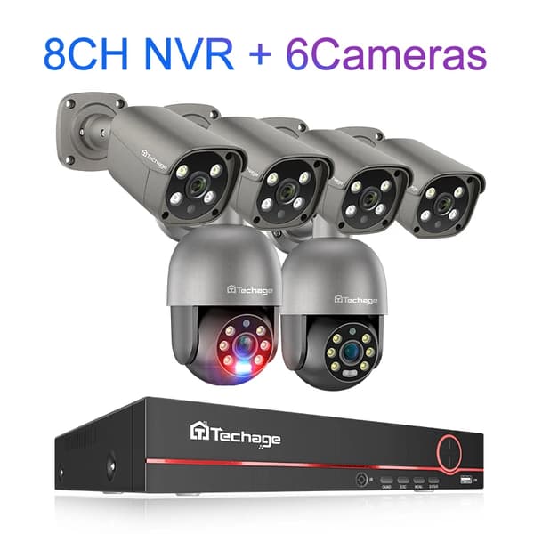 Techage 8CH Sikkerhedskamera System, 5MP Opløsning, Vandtæt IP66,Ingen, 8CH 6stk Kamera-a