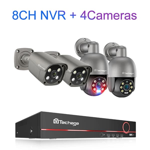 Techage 8CH Turvakamerajärjestelmä, 5MP Resoluutio, Vesitiivis IP66,3T(ulkourheilu), 8CH 4kpl Kamera