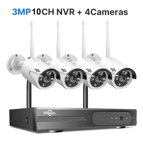 Hiseeu Trådløst CCTV Overvågningssystem, 10CH NVR, 4 Kameraer, AI Menneske Detektion,16CH 4PCS 3MPCamera, Ingen