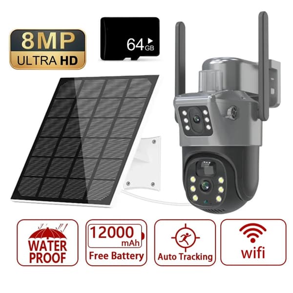 WIFI PTZ Solkamera, 8MP Opløsning, IP66 Vejrbestandig,Wifi ver tilføj 64 GB