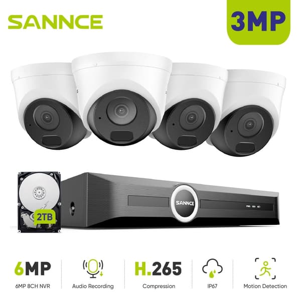 SANNCE Overvågningskamera System, 3MP Opløsning, Nattesyn op til 100ft,2TB