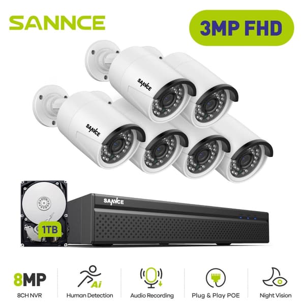 SANNCE Turvakamerajärjestelmä, 8-kanavainen NVR, 3MP HD-resoluutio,1TB-b