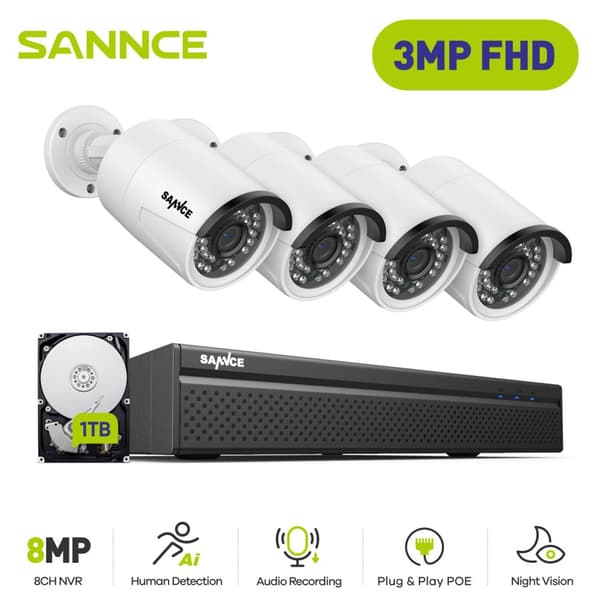SANNCE Turvakamerajärjestelmä, 8-kanavainen NVR, 3MP HD-resoluutio,1TB-a