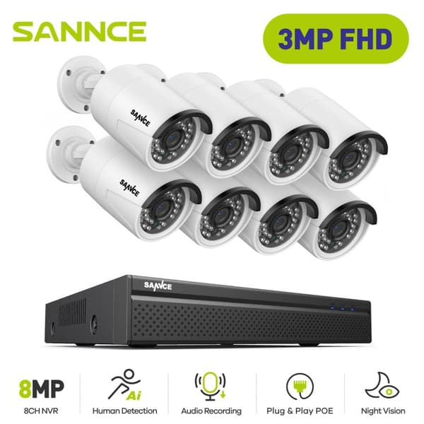 SANNCE Turvakamerajärjestelmä, 8-kanavainen NVR, 3MP HD-resoluutio,0TB