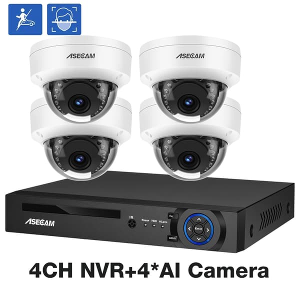 8MP 4K Sikkerhedskamera System, AI Ansigtsgenkendelse, Nattesyn,4CH NVR 4 AI kamera, 1T