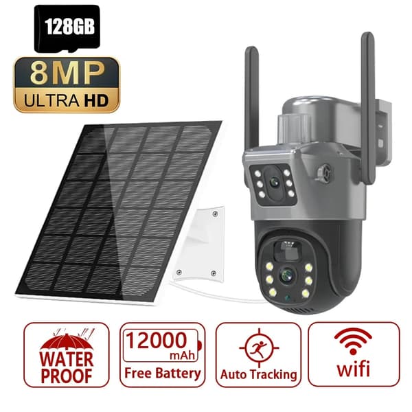 Solcellsdriven utomhus-WiFi-kamera, 8MP upplösning, nattseende upp till 30 m,WIFI Lägg till 128G Kort