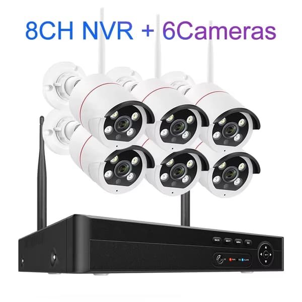 8CH NVR Sikkerhedssystem, 5MP HD Opløsning, To-Vejs Lyd,8CH NVR og 6 kameraer, 3T Indbygget HDD