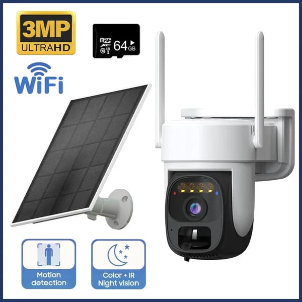 Langaton aurinkokäyttöinen turvakamera, 360° katselukulma, kaksoislinsseillä 10x zoomi,Wifi 3MP 64GB