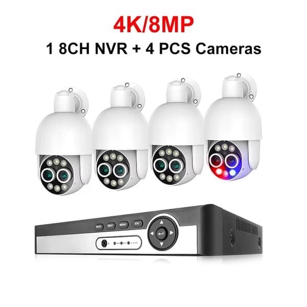 8CH Sikkerhedskamera System, Dobbelt Linse, AI Menneske Detektion,8CH NVR 4 stk. kameraer, Ingen indbygget HDD